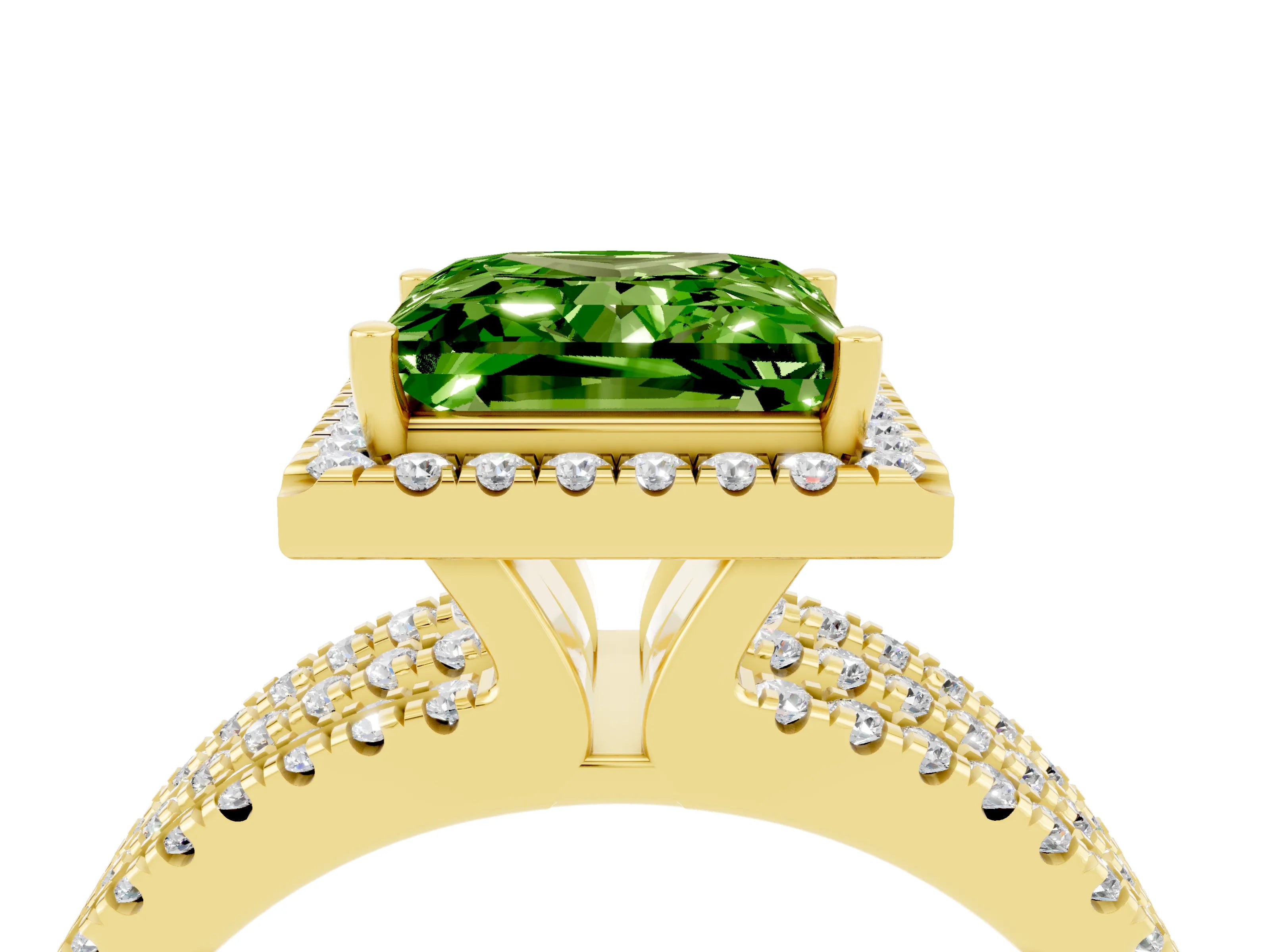 Yellow gold {shape_name} Peridot Halo Engagement Ring with Split Shank and Four-Prong Setting_4