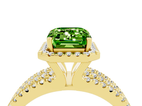 Yellow gold {shape_name} Peridot Halo Engagement Ring with Split Shank and Four-Prong Setting_4
