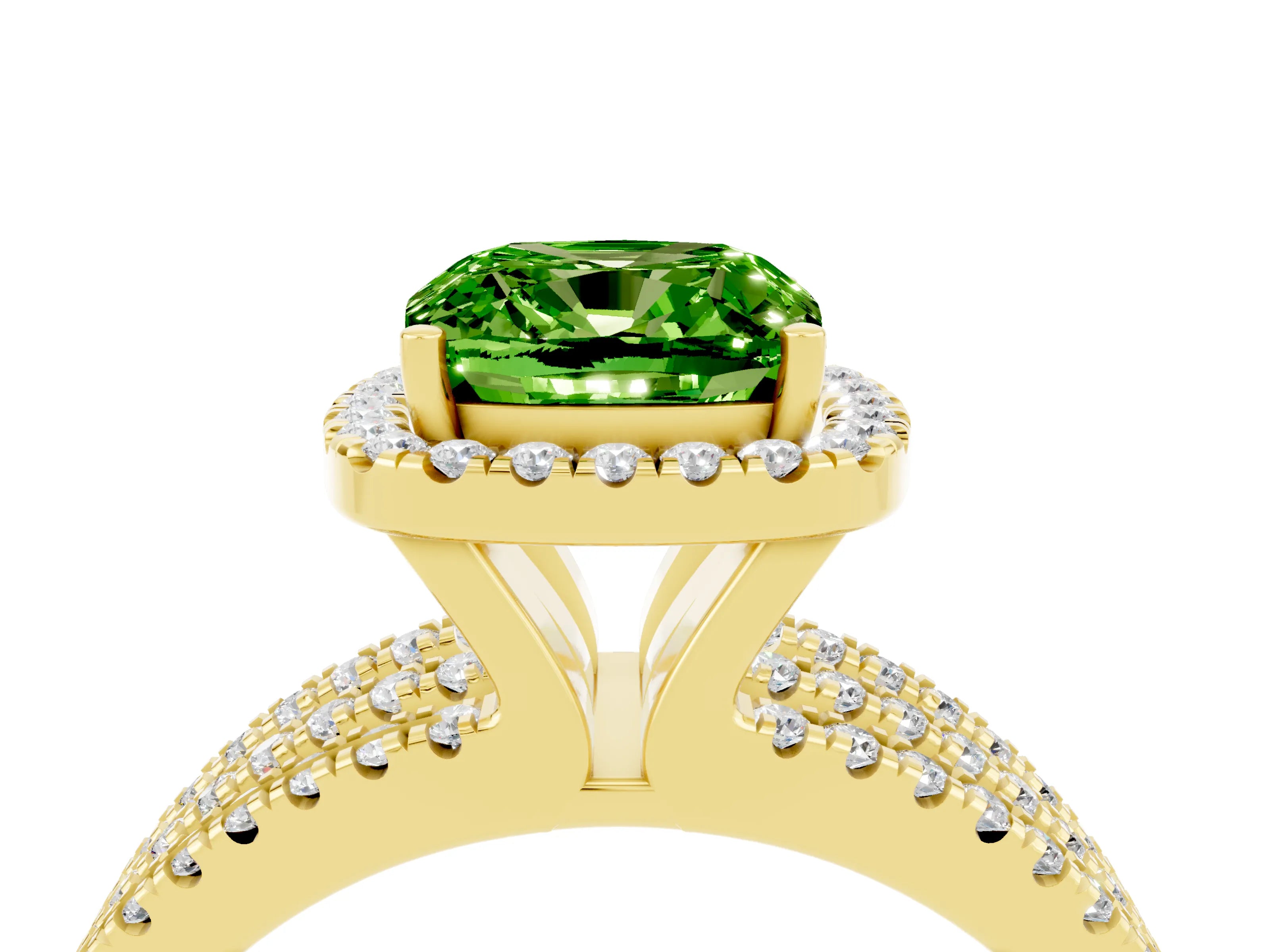 Yellow gold {shape_name} Peridot Halo Engagement Ring with Split Shank and Four-Prong Setting_4