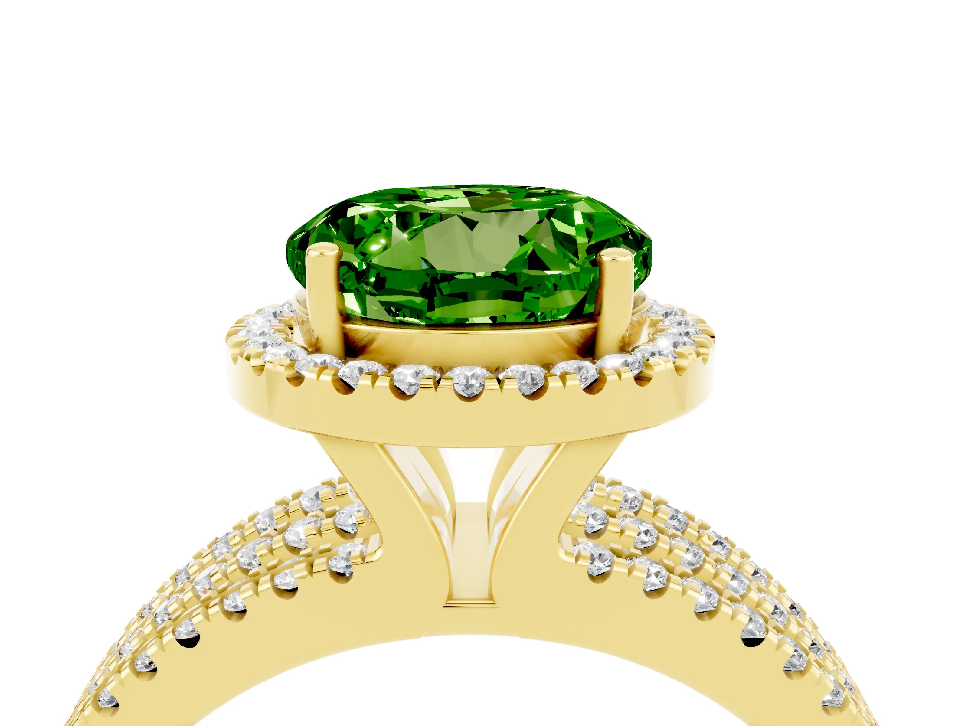 Yellow gold {shape_name} Peridot Halo Engagement Ring with Split Shank and Four-Prong Setting_4