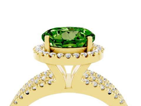 Yellow gold {shape_name} Peridot Halo Engagement Ring with Split Shank and Four-Prong Setting_4