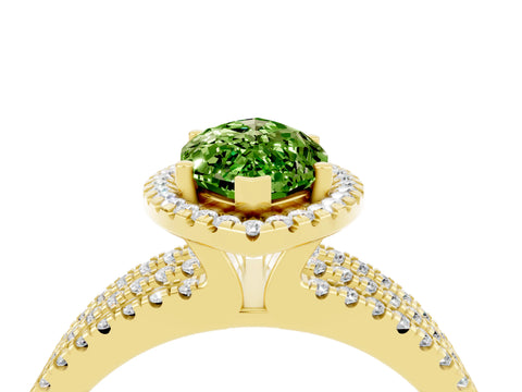 Yellow gold {shape_name} Peridot Halo Engagement Ring with Split Shank and Four-Prong Setting_4