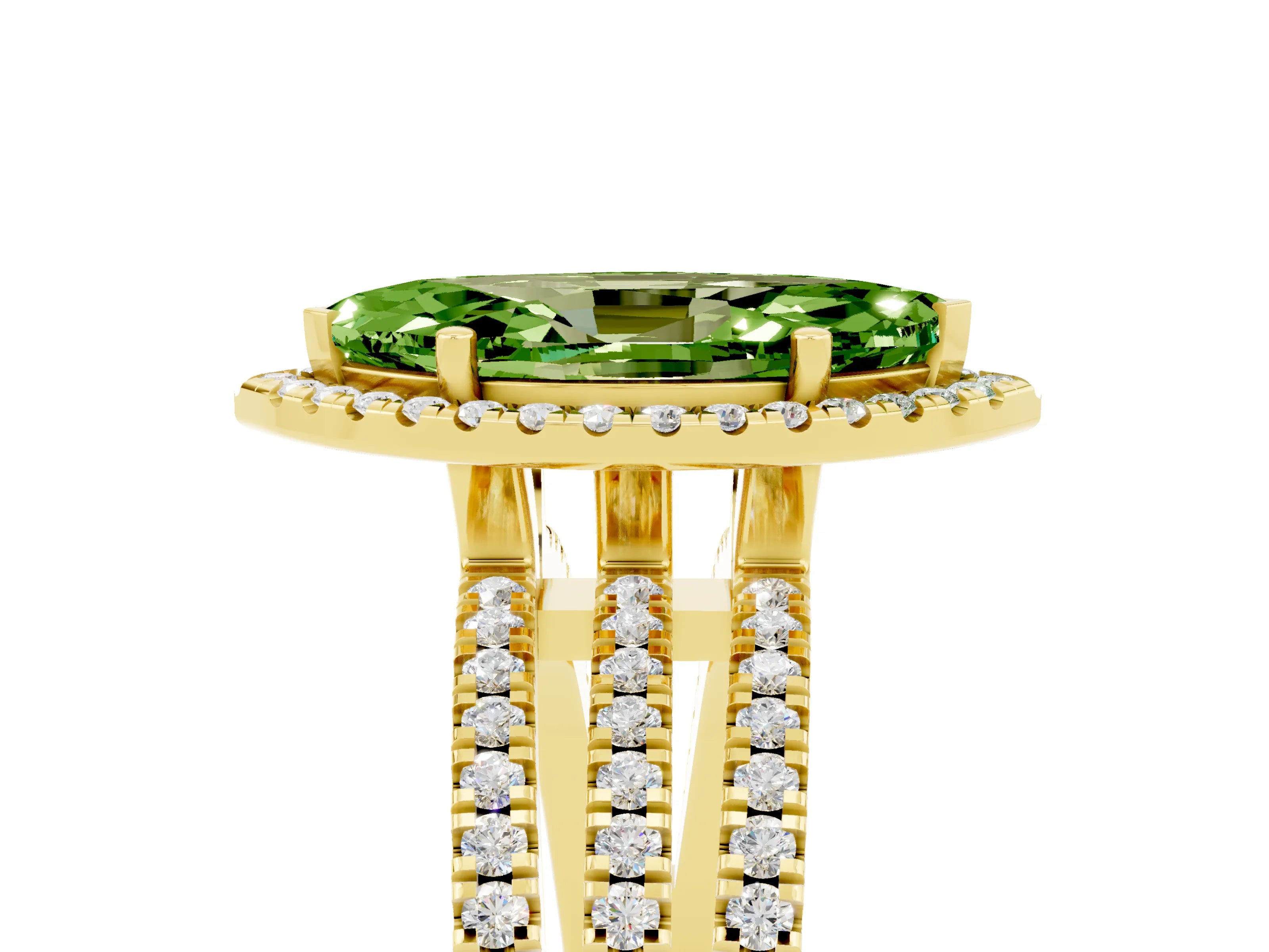 Yellow gold {shape_name} Peridot Halo Engagement Ring with Split Shank and Four-Prong Setting_5