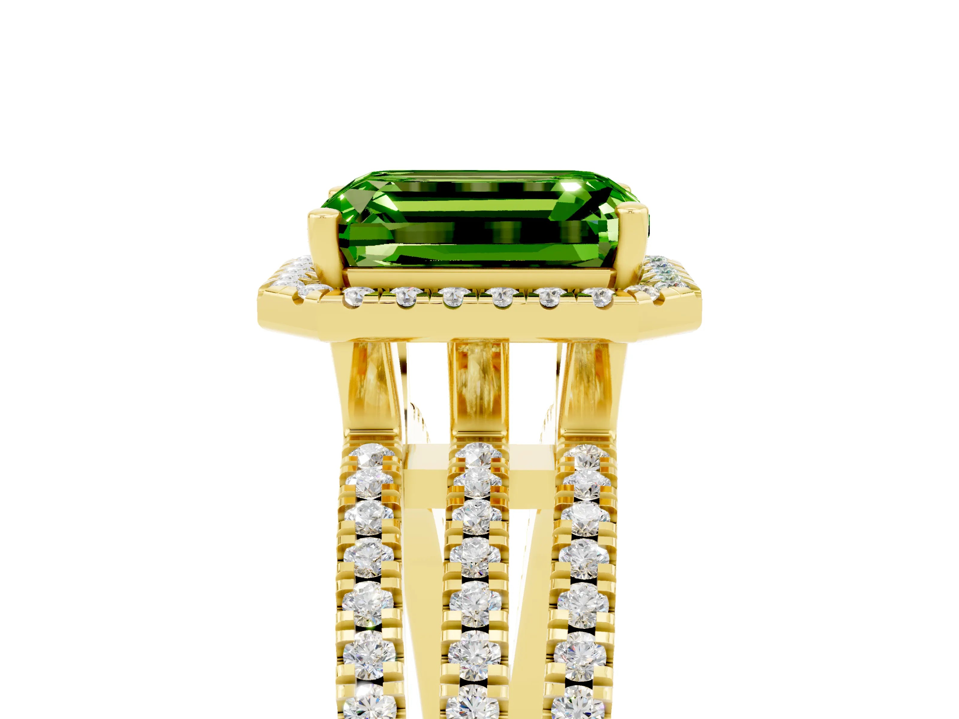 Yellow gold {shape_name} Peridot Halo Engagement Ring with Split Shank and Four-Prong Setting_5
