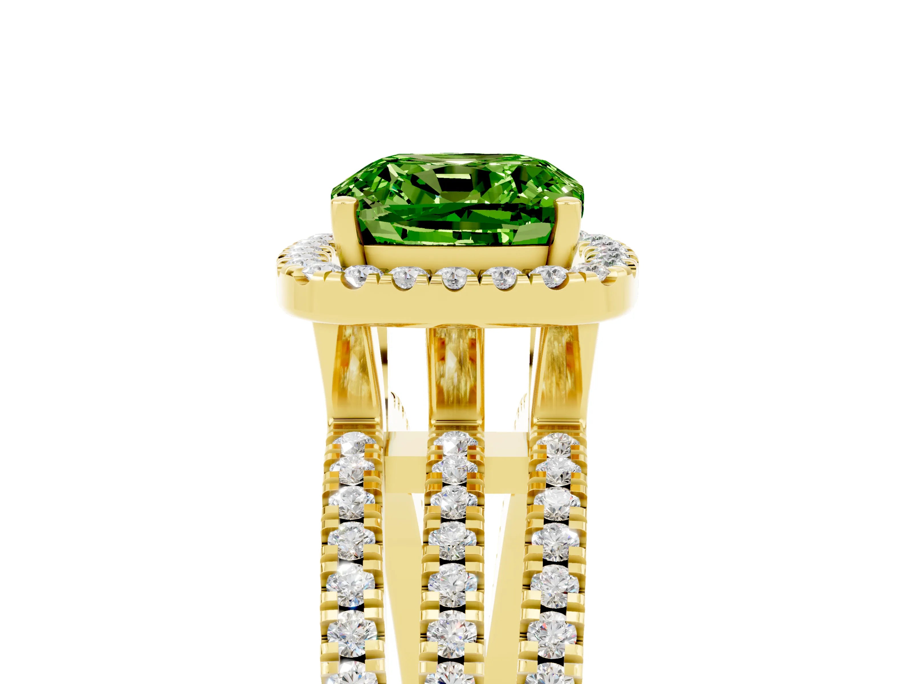 Yellow gold {shape_name} Peridot Halo Engagement Ring with Split Shank and Four-Prong Setting_5