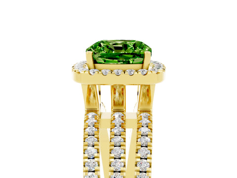 Yellow gold {shape_name} Peridot Halo Engagement Ring with Split Shank and Four-Prong Setting_5