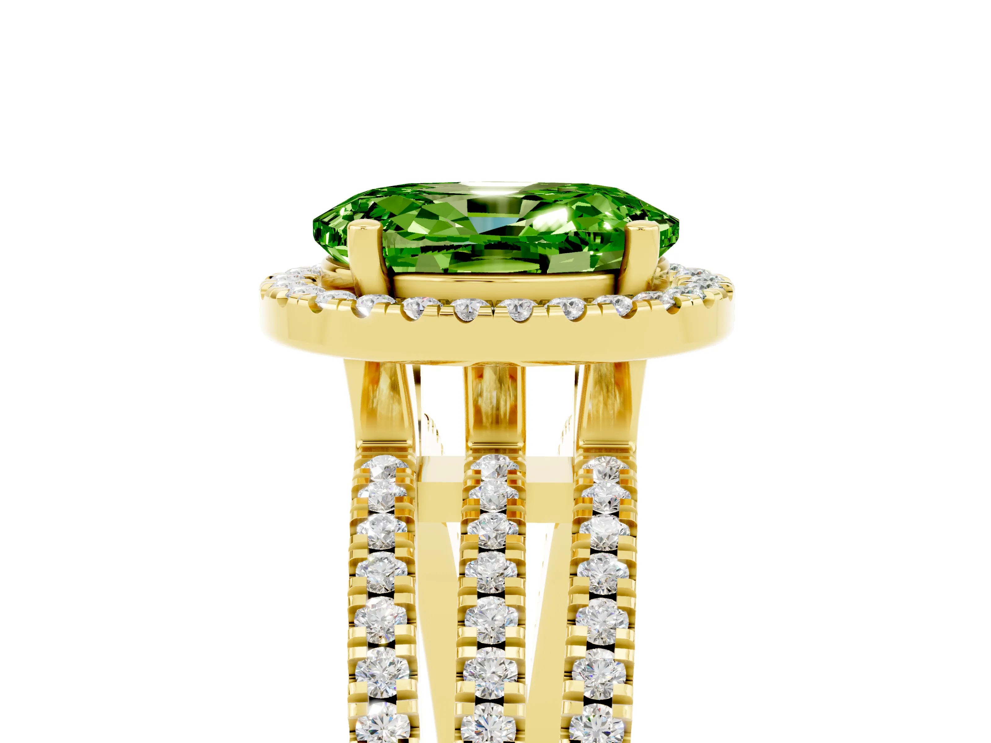 Yellow gold {shape_name} Peridot Halo Engagement Ring with Split Shank and Four-Prong Setting_5