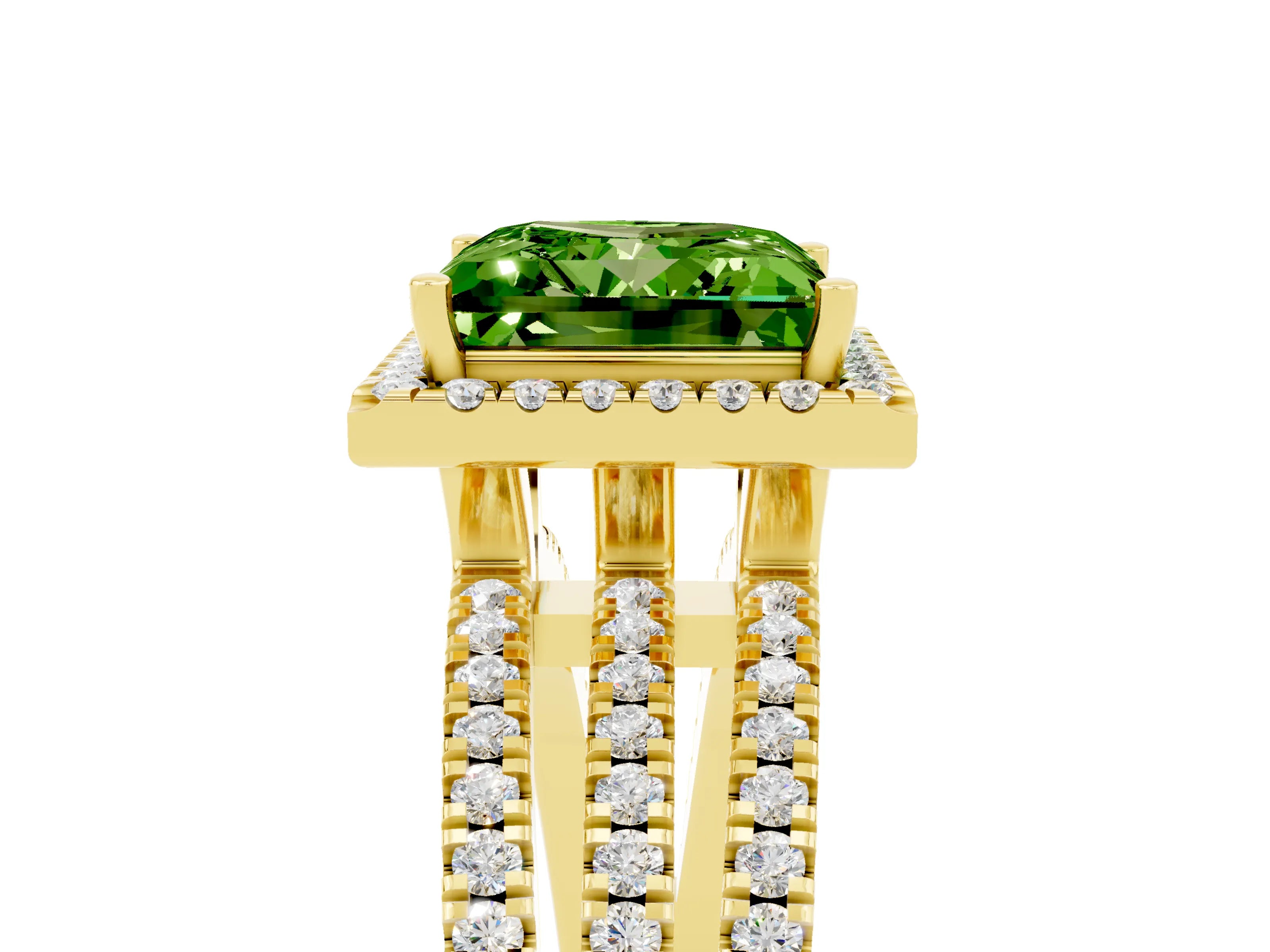 Yellow gold {shape_name} Peridot Halo Engagement Ring with Split Shank and Four-Prong Setting_5