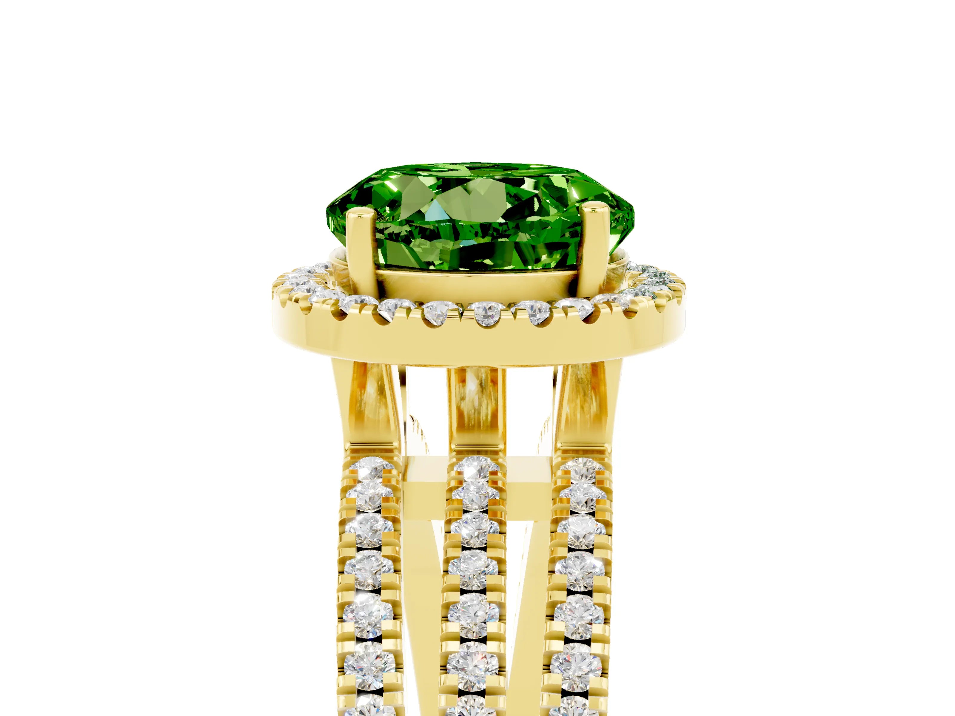 Yellow gold {shape_name} Peridot Halo Engagement Ring with Split Shank and Four-Prong Setting_5