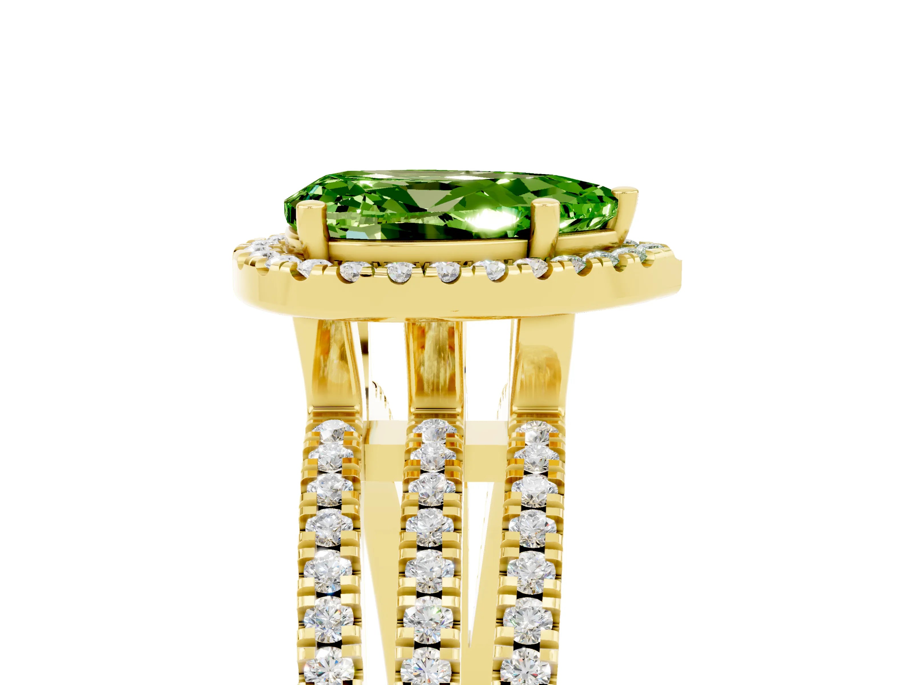 Yellow gold {shape_name} Peridot Halo Engagement Ring with Split Shank and Four-Prong Setting_5