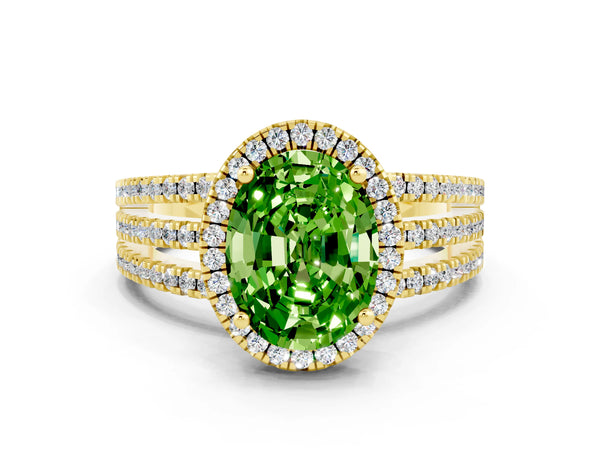 Yellow gold Oval Cut Peridot Halo Engagement Ring with Split Shank and Four-Prong Setting