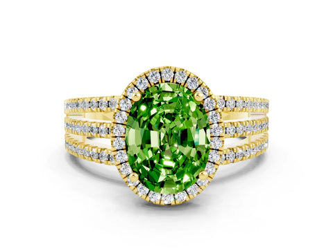 Yellow gold {shape_name} Peridot Halo Engagement Ring with Split Shank and Four-Prong Setting
