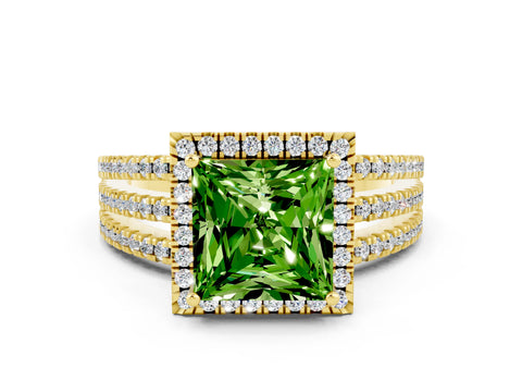 Yellow gold {shape_name} Peridot Halo Engagement Ring with Split Shank and Four-Prong Setting
