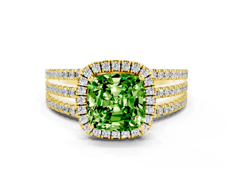 Yellow gold {shape_name} Peridot Halo Engagement Ring with Split Shank and Four-Prong Setting