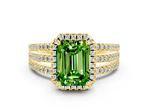 Yellow gold {shape_name} Peridot Halo Engagement Ring with Split Shank and Four-Prong Setting