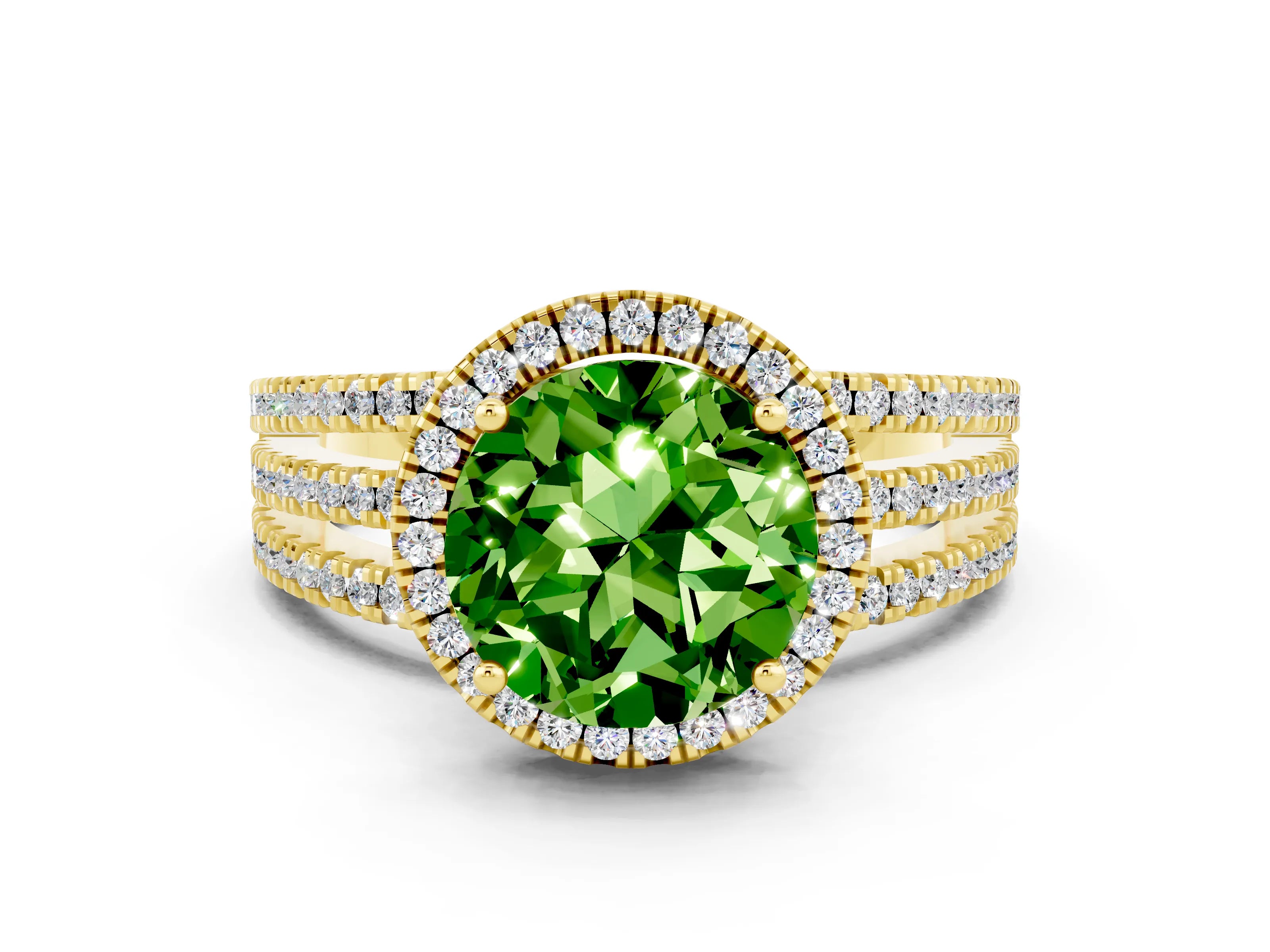 Yellow gold {shape_name} Peridot Halo Engagement Ring with Split Shank and Four-Prong Setting