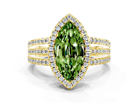Yellow gold {shape_name} Peridot Halo Engagement Ring with Split Shank and Four-Prong Setting