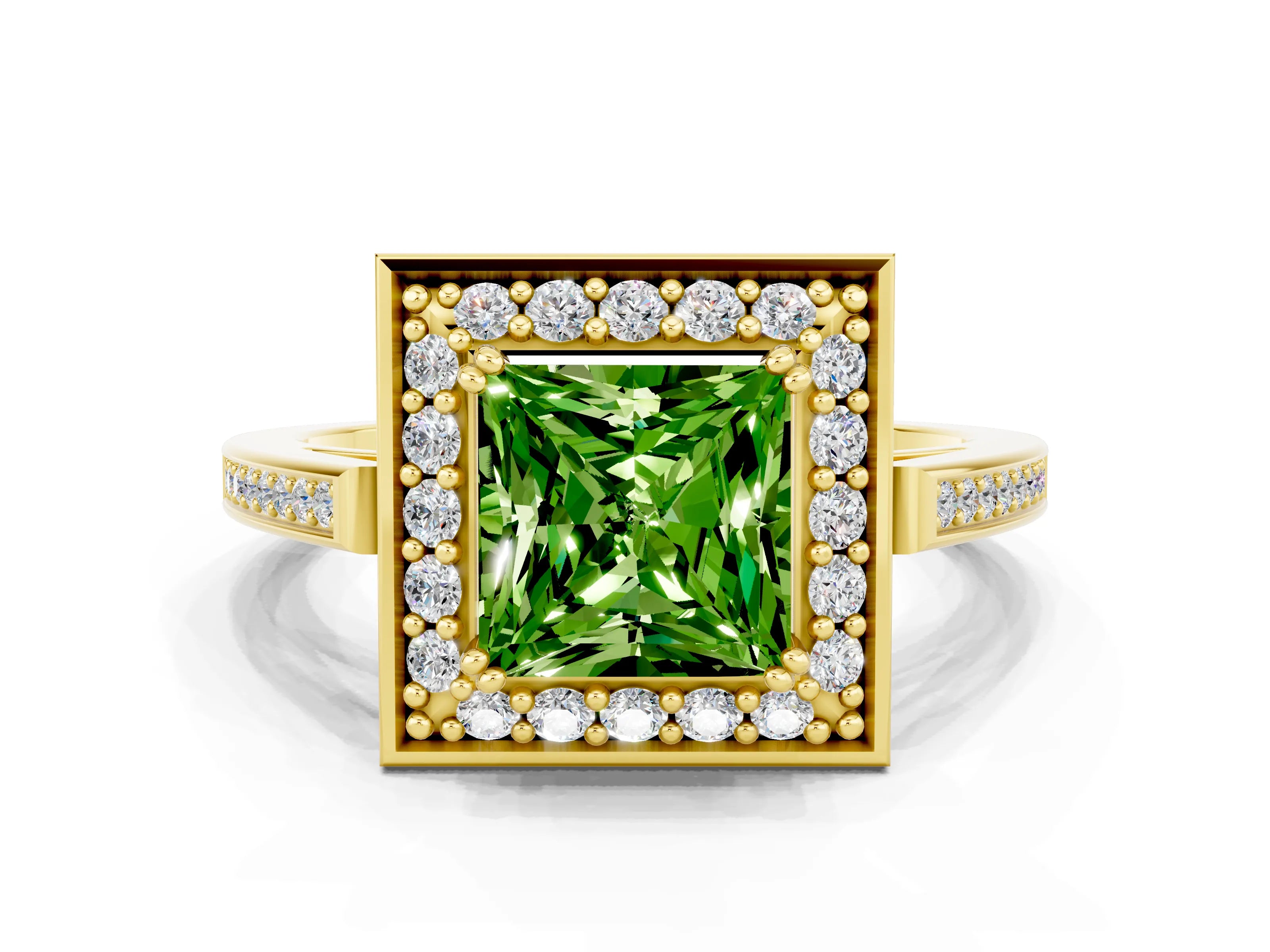 Yellow gold {shape_name} Peridot Halo Ring with Split Shank and Four-Prong Setting