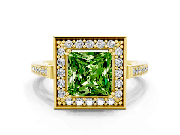 Yellow gold Princess Cut Peridot Halo Ring with Split Shank and Four-Prong Setting