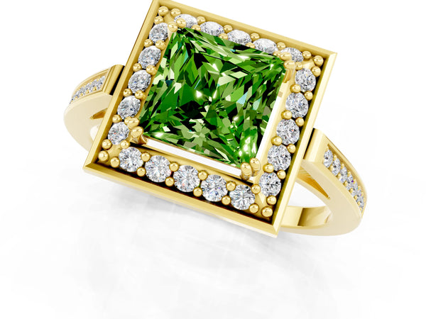 Yellow gold Princess Cut Peridot Halo Ring with Split Shank and Four-Prong Setting