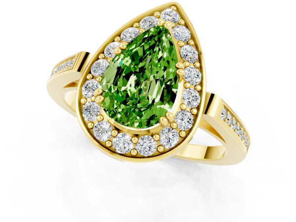 Yellow gold Pear Cut Peridot Halo Ring with Split Shank and Four-Prong Setting