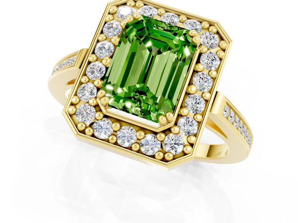 Yellow gold Emerald Cut Peridot Halo Ring with Split Shank and Four-Prong Setting