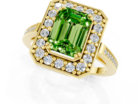 Yellow gold {shape_name} Peridot Halo Ring with Split Shank and Four-Prong Setting_1