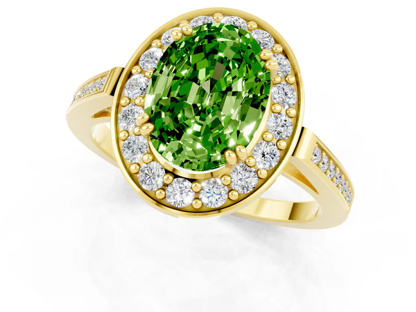 Yellow gold Oval Cut Peridot Halo Ring with Split Shank and Four-Prong Setting
