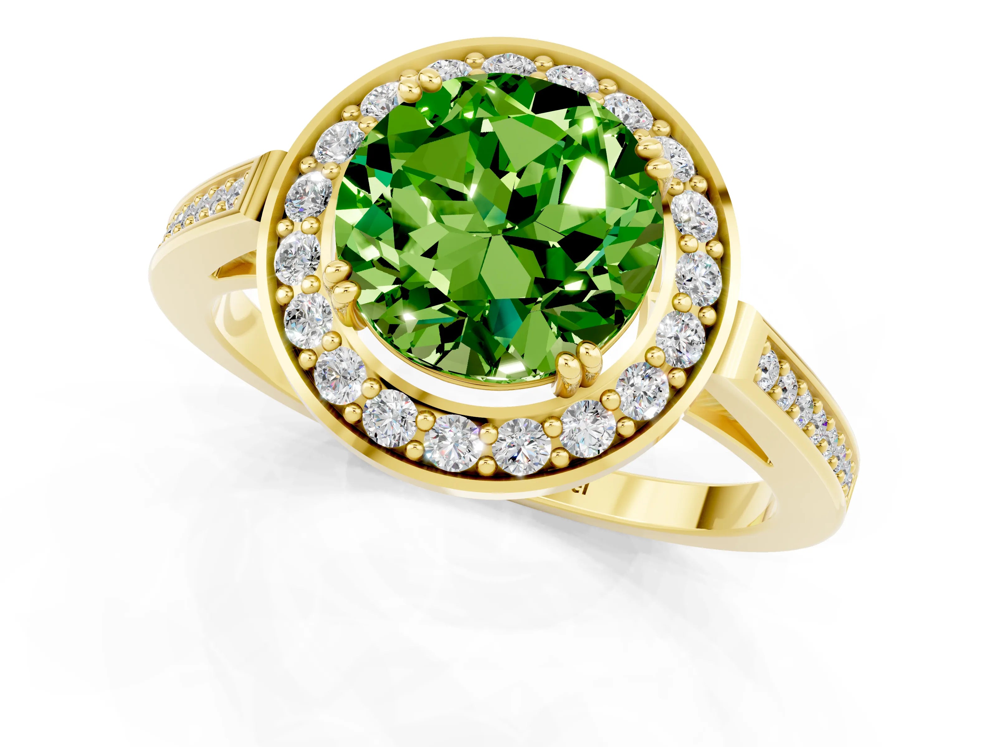 Yellow gold {shape_name} Peridot Halo Ring with Split Shank and Four-Prong Setting_1