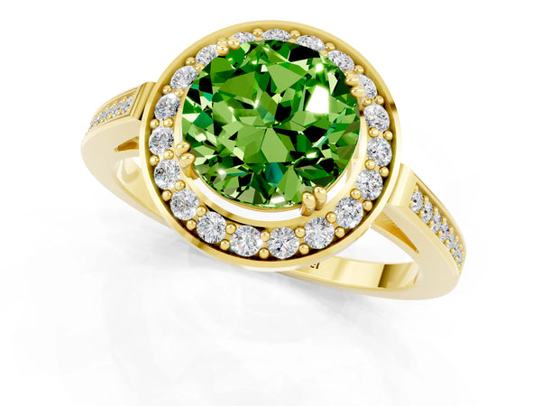 Yellow gold Round Cut Peridot Halo Ring with Split Shank and Four-Prong Setting