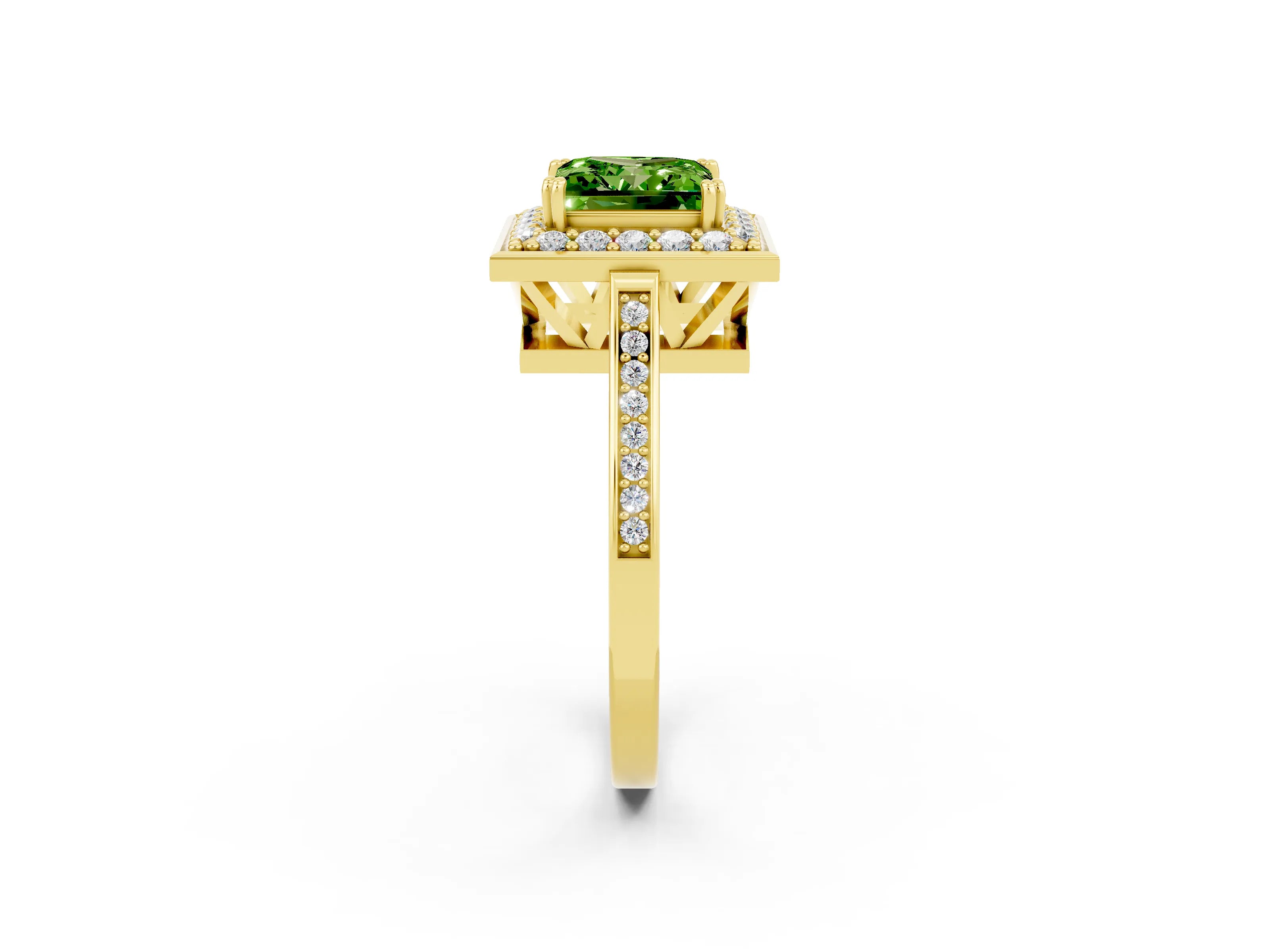 Yellow gold {shape_name} Peridot Halo Ring with Split Shank and Four-Prong Setting_2