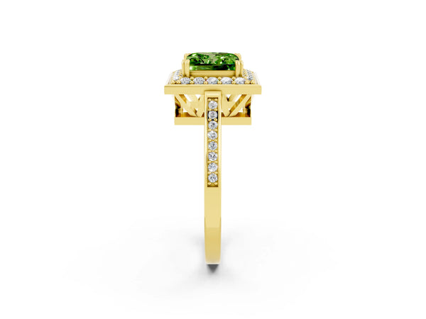 Yellow gold Princess Cut Peridot Halo Ring with Split Shank and Four-Prong Setting