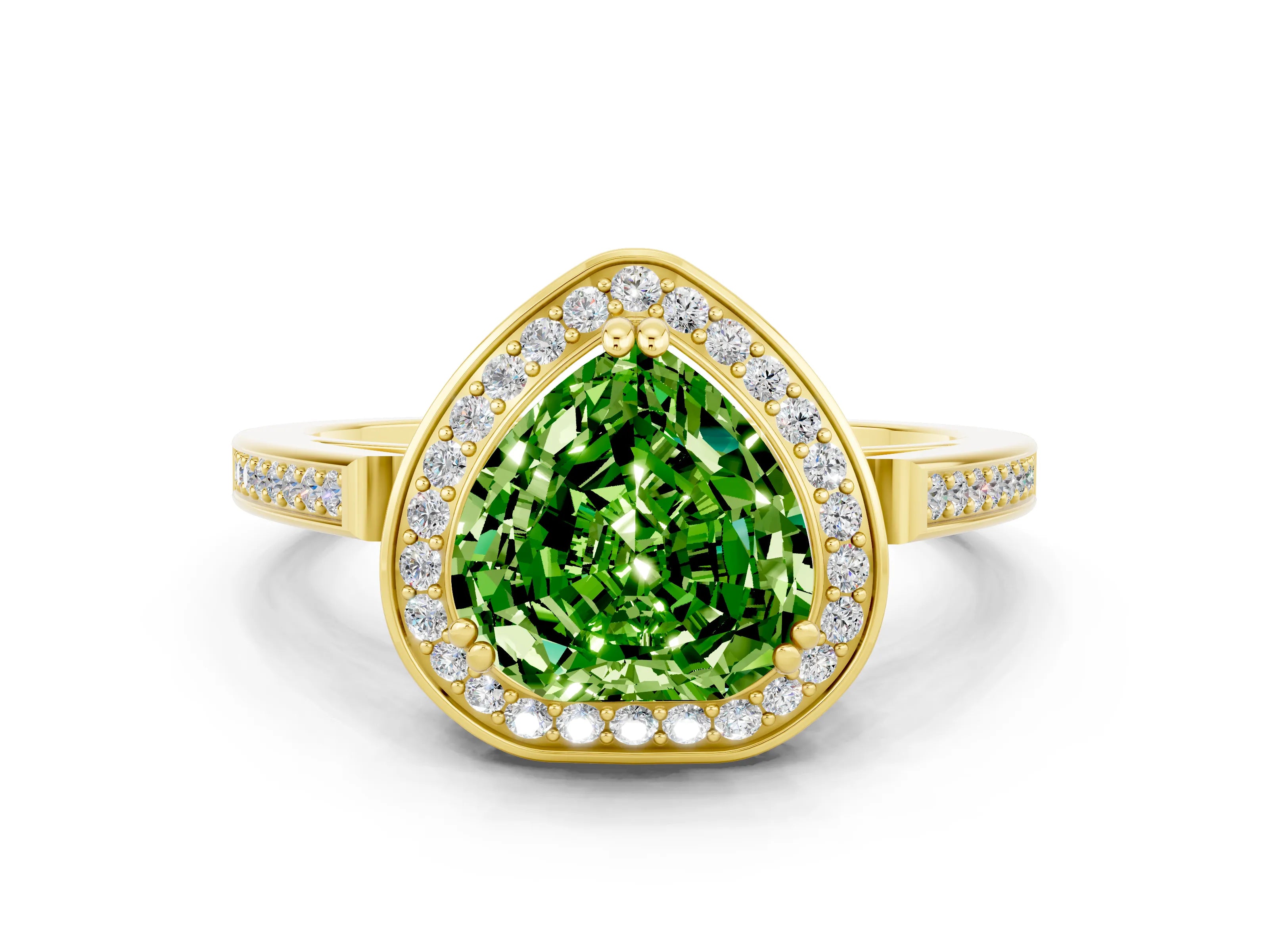 Yellow gold {shape_name} Peridot Halo Ring with Split Shank and Four-Prong Setting