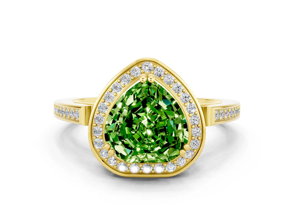 Yellow gold Heart Cut Peridot Halo Ring with Split Shank and Four-Prong Setting