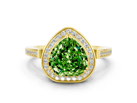 Yellow gold {shape_name} Peridot Halo Ring with Split Shank and Four-Prong Setting