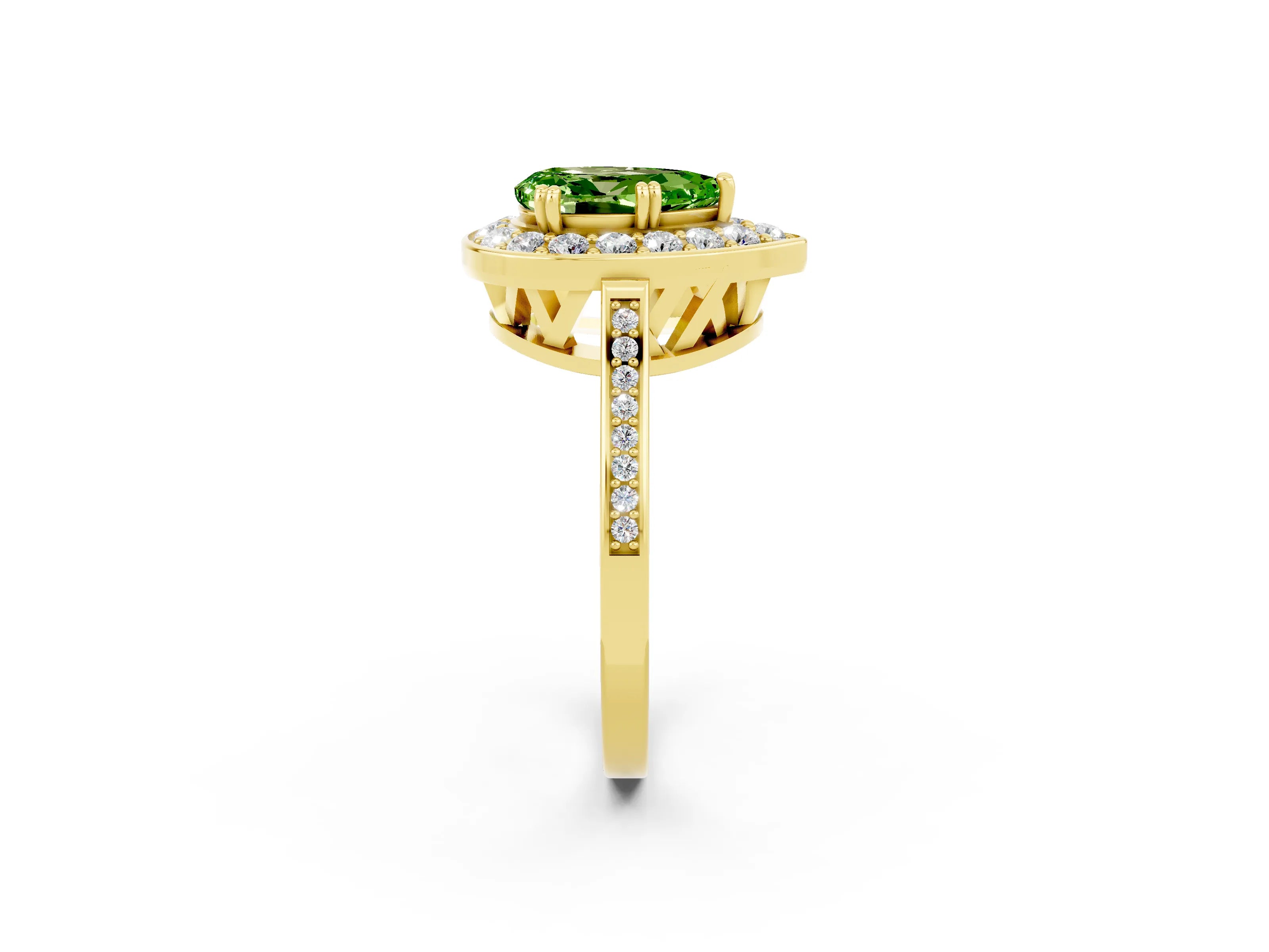 Yellow gold {shape_name} Peridot Halo Ring with Split Shank and Four-Prong Setting_2