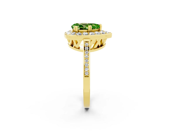 Yellow gold Pear Cut Peridot Halo Ring with Split Shank and Four-Prong Setting