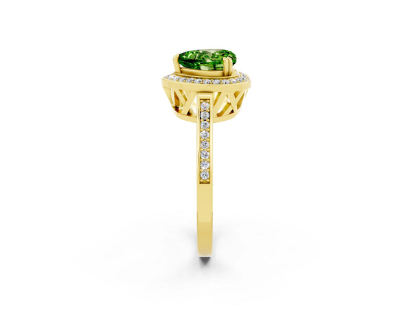 Yellow gold Heart Cut Peridot Halo Ring with Split Shank and Four-Prong Setting