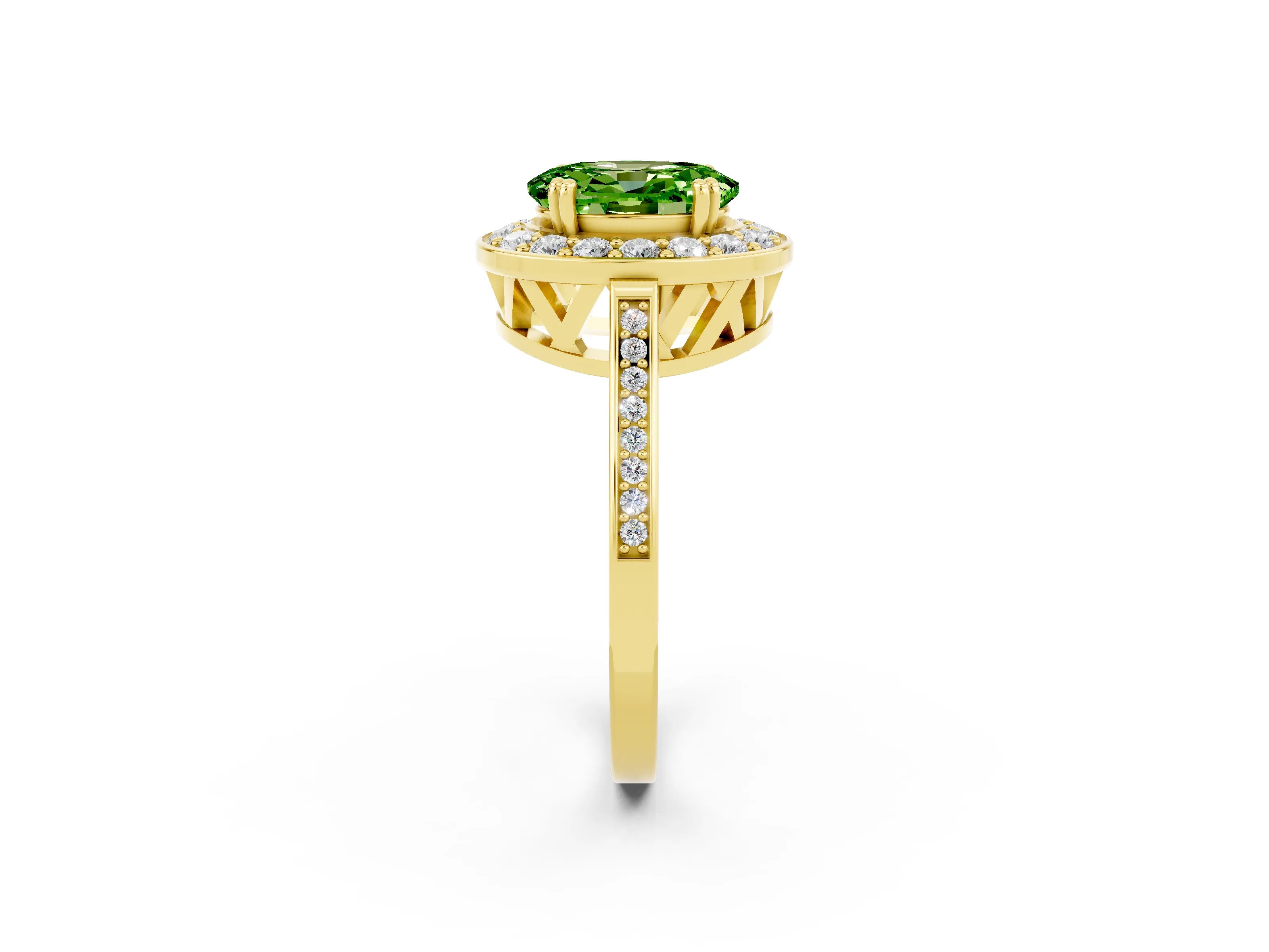 Yellow gold {shape_name} Peridot Halo Ring with Split Shank and Four-Prong Setting_2