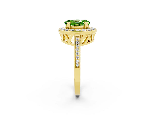 Yellow gold Oval Cut Peridot Halo Ring with Split Shank and Four-Prong Setting