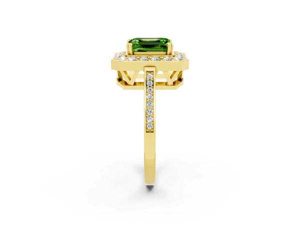Yellow gold Emerald Cut Peridot Halo Ring with Split Shank and Four-Prong Setting