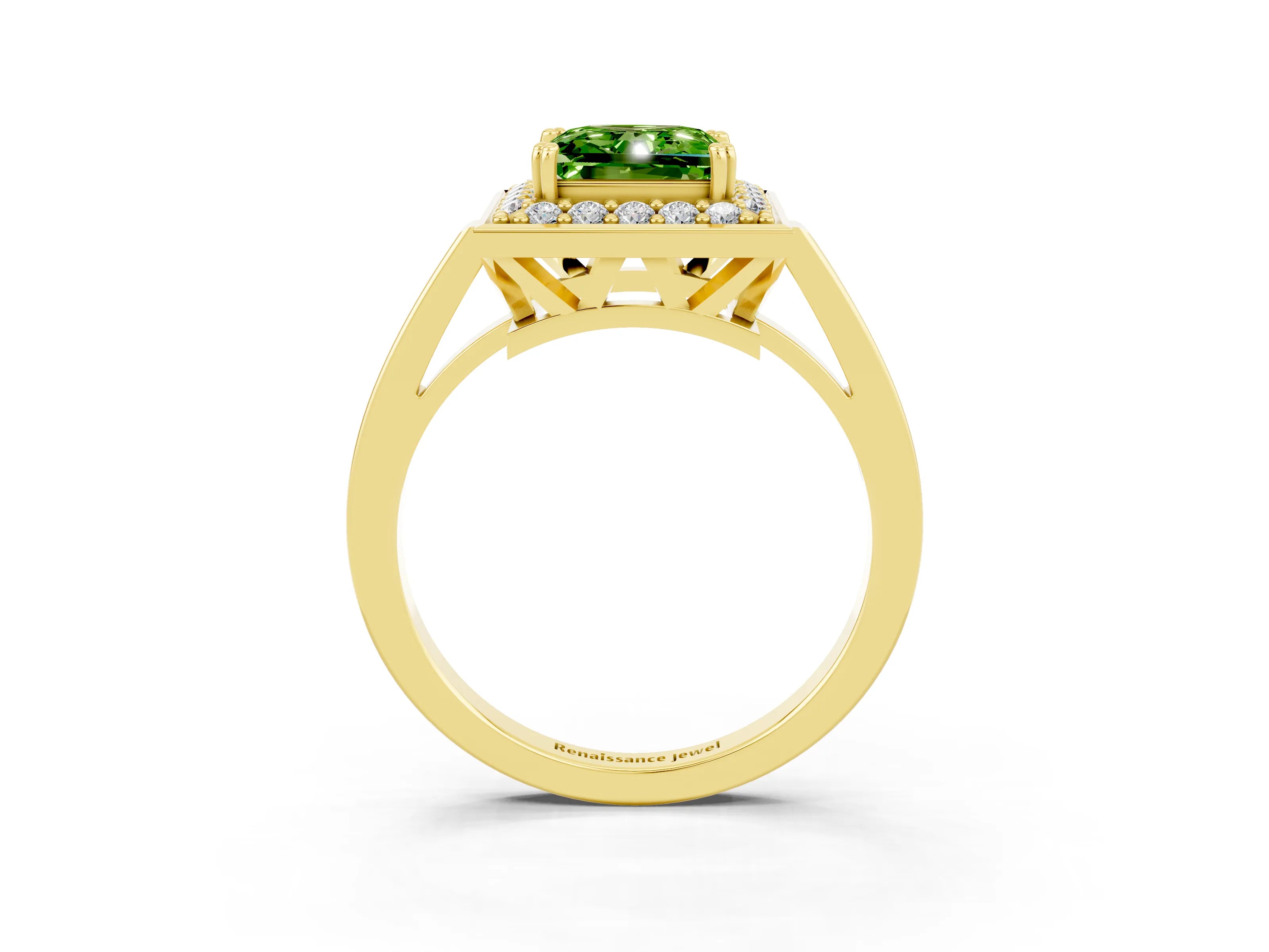 Yellow gold {shape_name} Peridot Halo Ring with Split Shank and Four-Prong Setting_3