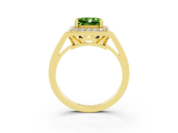 Yellow gold Princess Cut Peridot Halo Ring with Split Shank and Four-Prong Setting