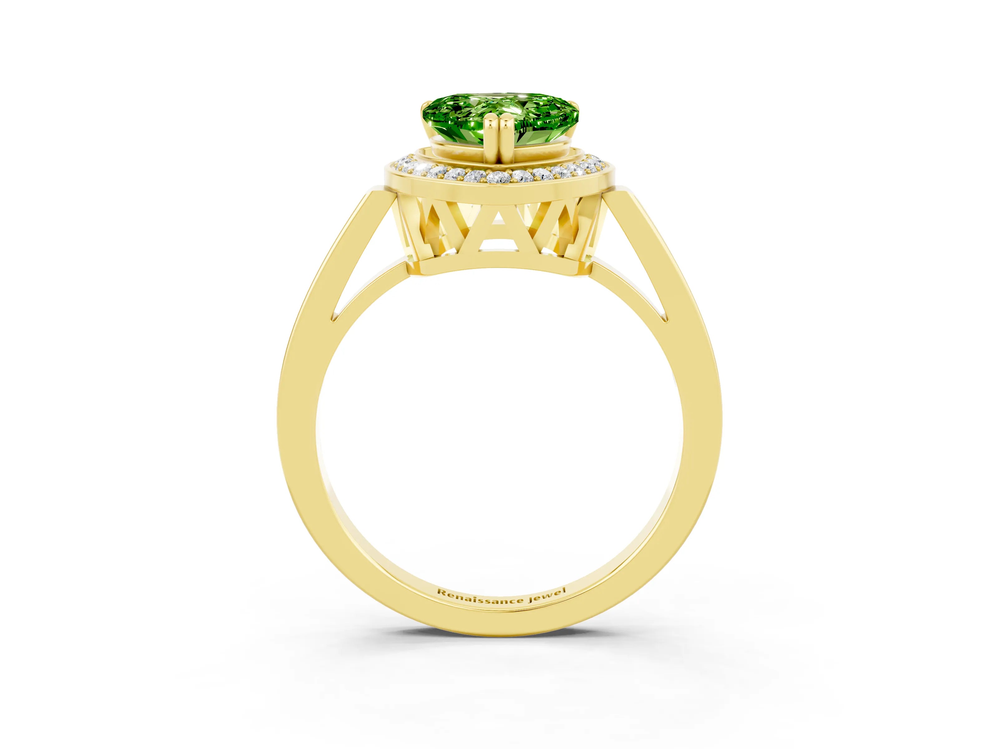 Yellow gold {shape_name} Peridot Halo Ring with Split Shank and Four-Prong Setting_3