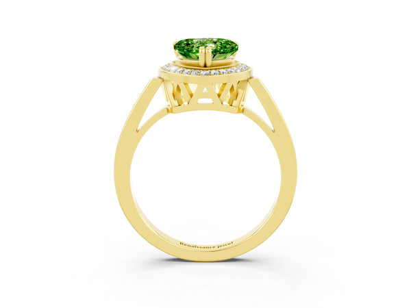 Yellow gold Heart Cut Peridot Halo Ring with Split Shank and Four-Prong Setting