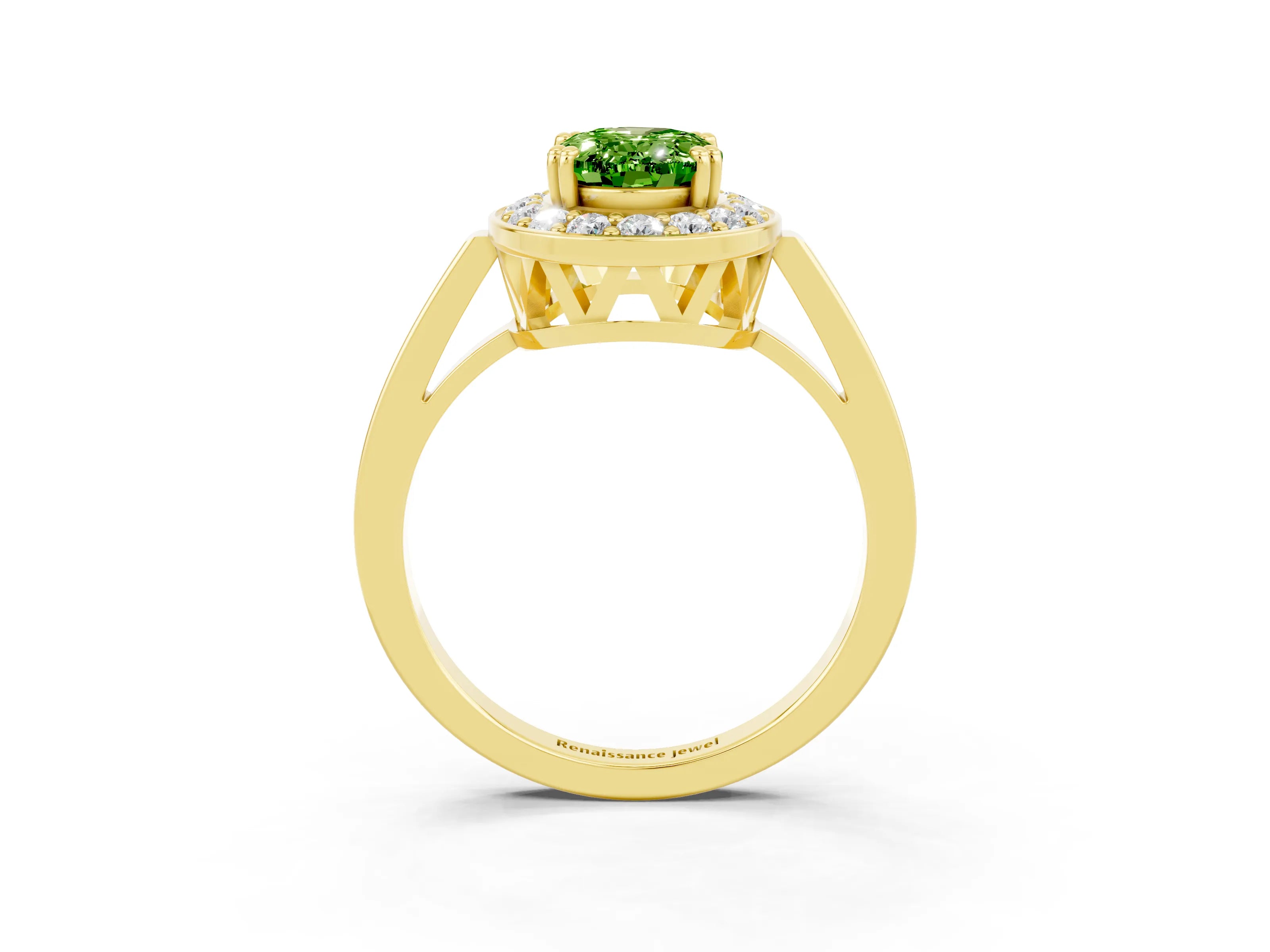 Yellow gold {shape_name} Peridot Halo Ring with Split Shank and Four-Prong Setting_3