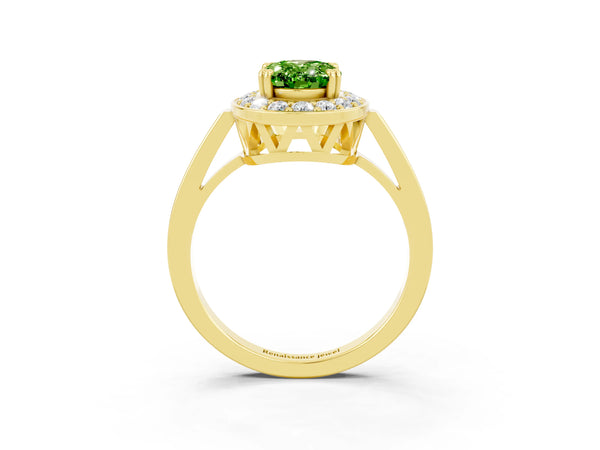 Yellow gold Oval Cut Peridot Halo Ring with Split Shank and Four-Prong Setting