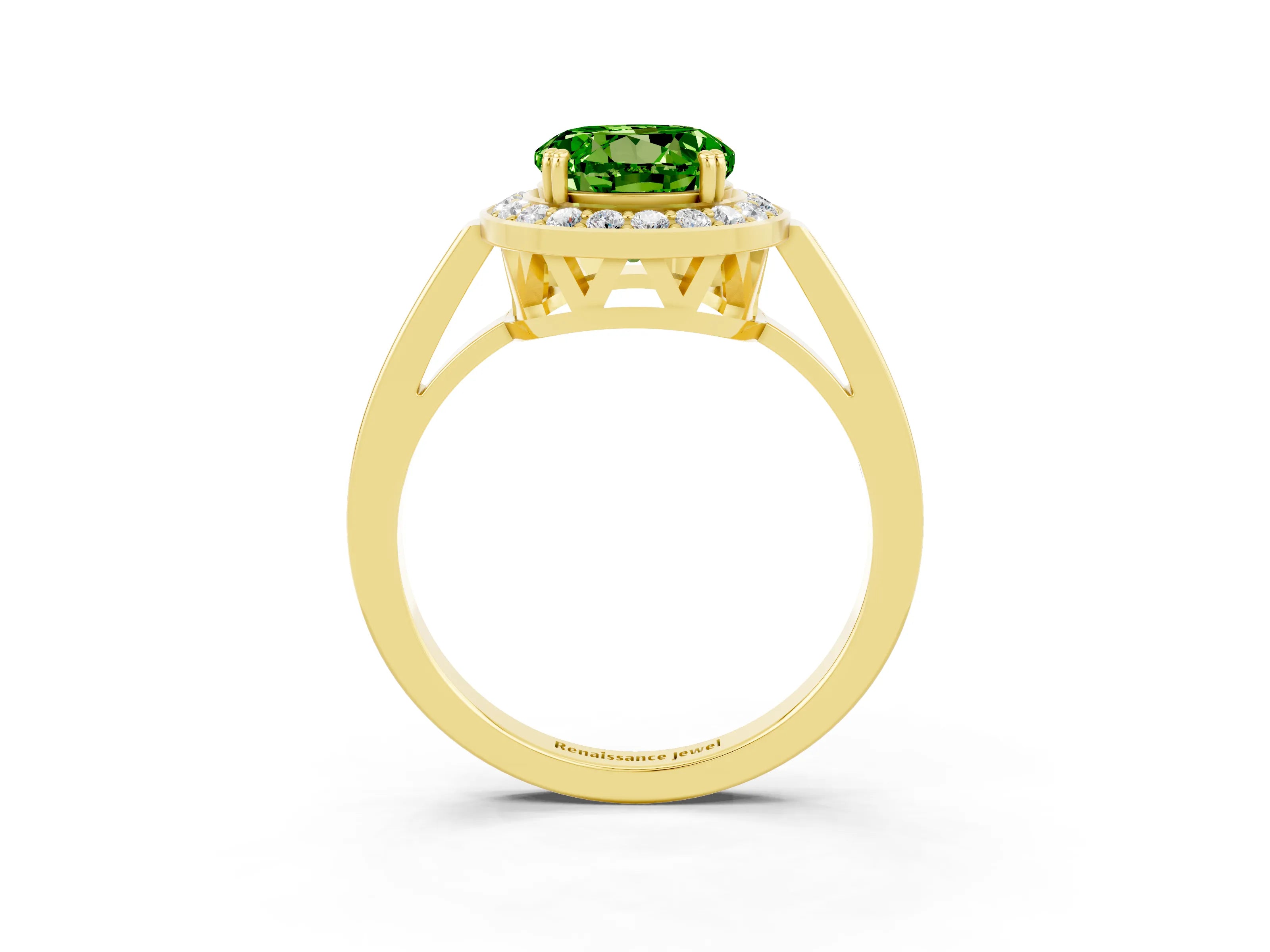 Yellow gold {shape_name} Peridot Halo Ring with Split Shank and Four-Prong Setting_3