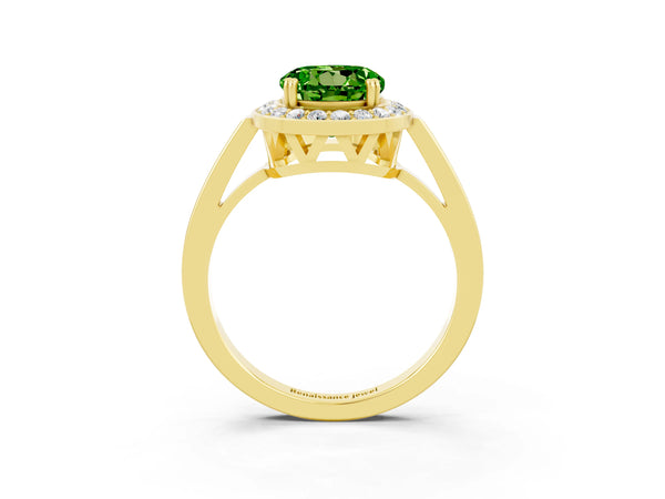 Yellow gold Round Cut Peridot Halo Ring with Split Shank and Four-Prong Setting