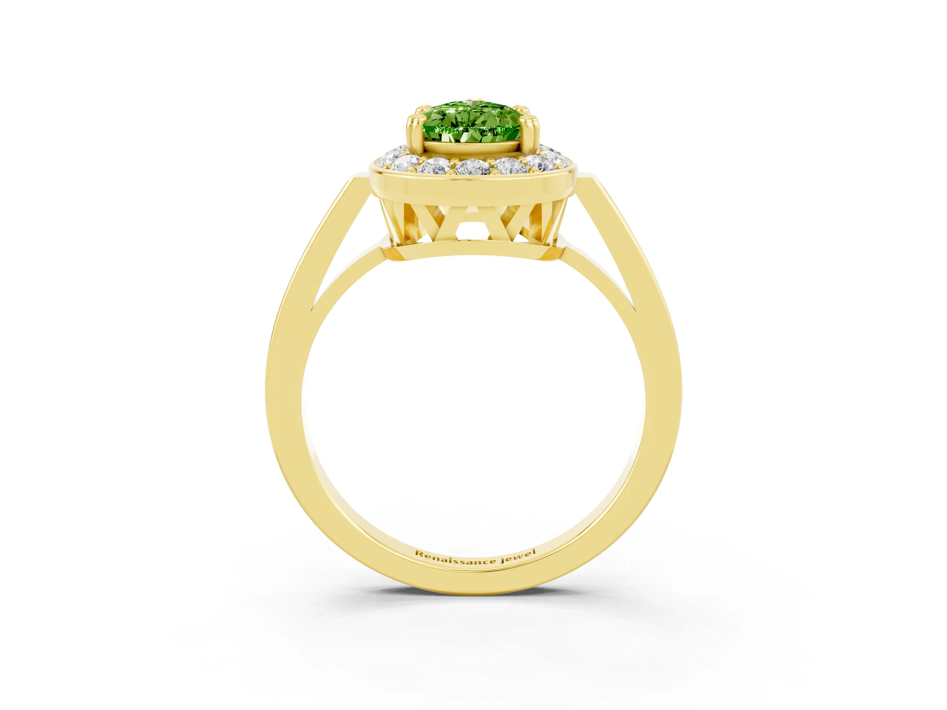 Yellow gold {shape_name} Peridot Halo Ring with Split Shank and Four-Prong Setting_3